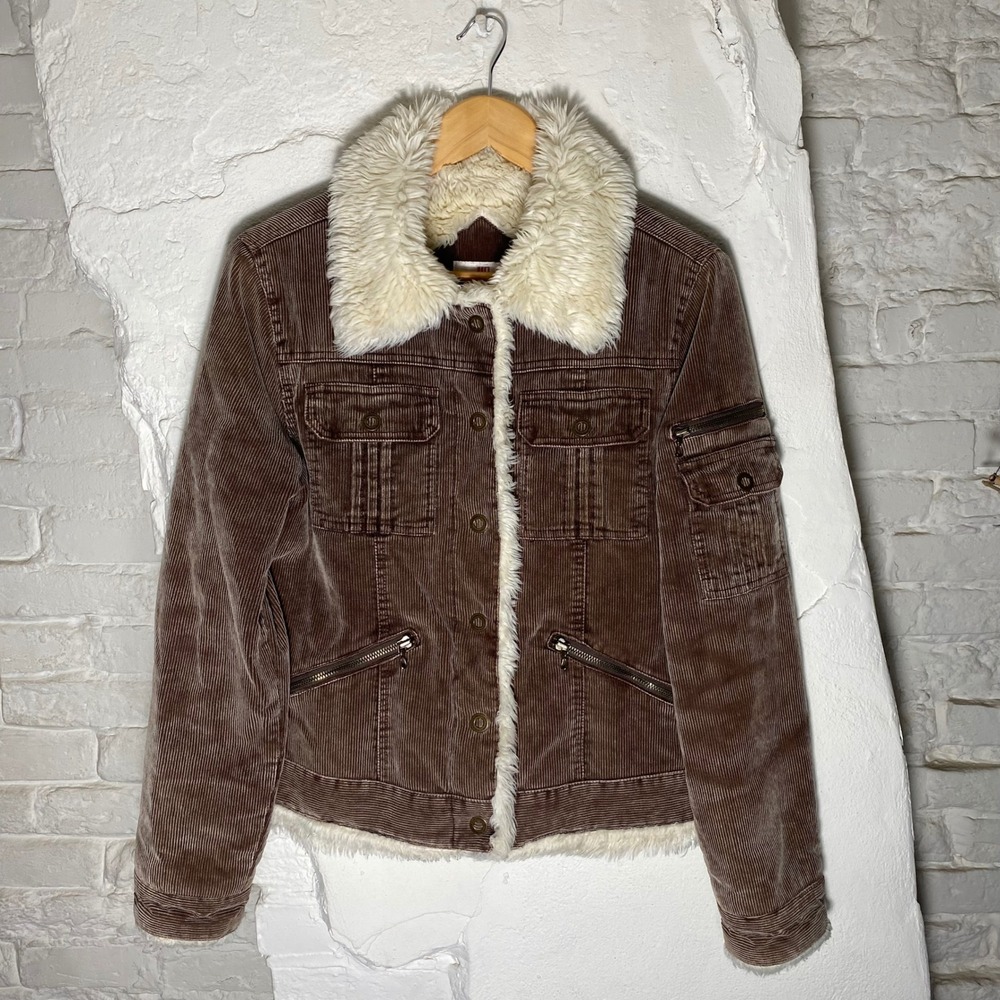 JLO Jennifer Lopez Brown Corduroy Fur Lined Jacket Y2K Style Womens M
